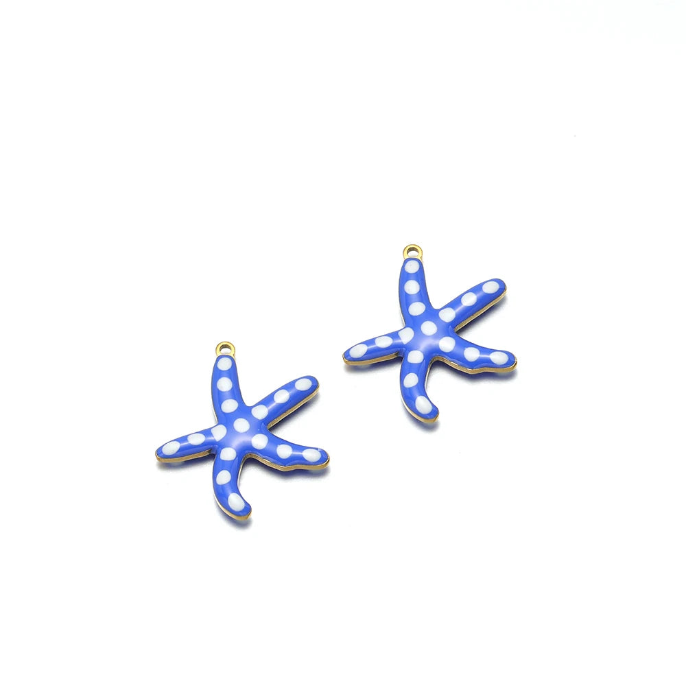 Blue starfish charms with enamel dots and scalloped edges, stainless steel loop, set of 2