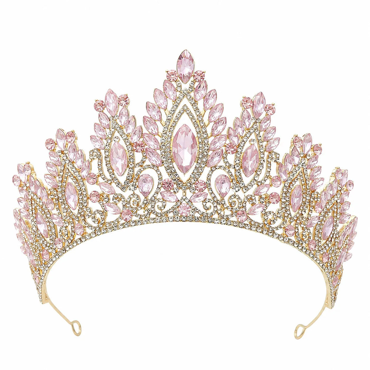Crystal tiara headband with pink rhinestone marquise center and side drops