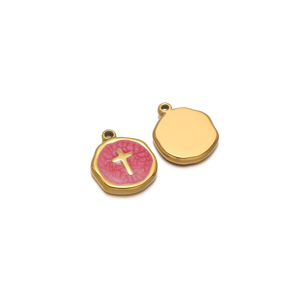 Enamel paw print charm pendant, pink with gold-tone rim and bail loop