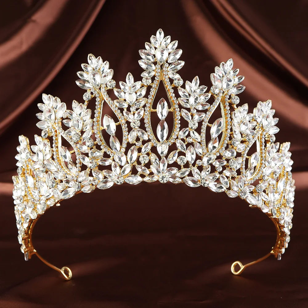Clear crystal rhinestone tiara with ornate floral crown and faceted teardrop accents