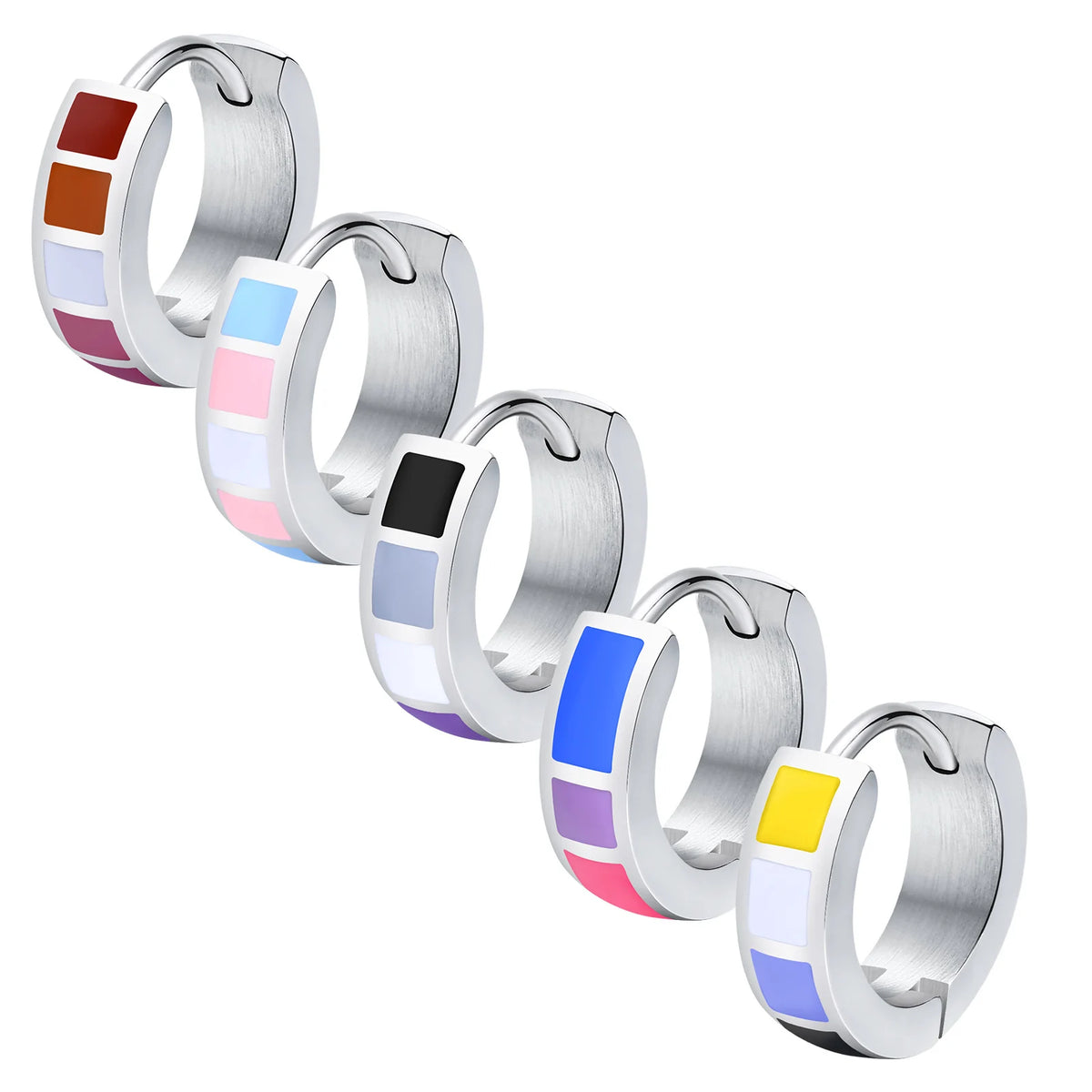 Five stainless steel hinged huggie hoop earring pairs with different rainbow enamel patterns