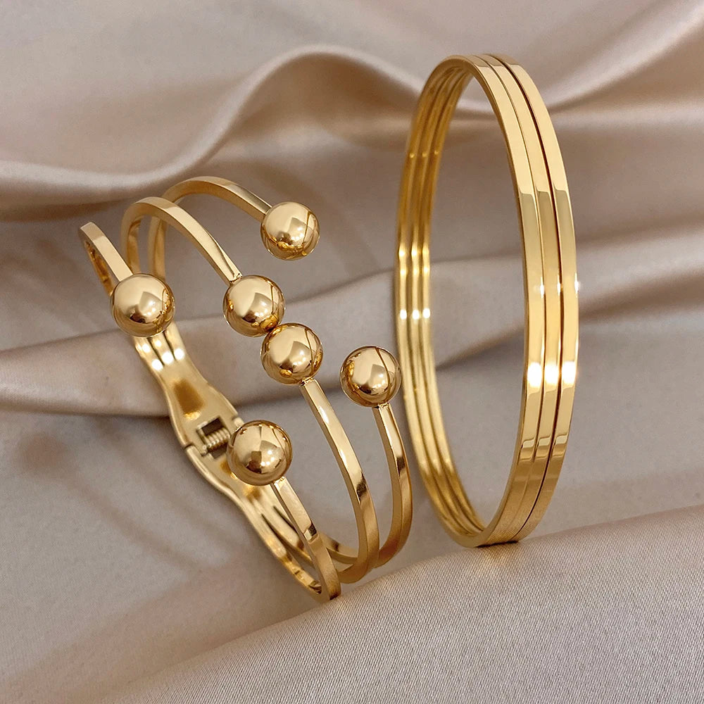 Glossy Multiple Balls Stainless Steel Cuff Bangle for Women Exaggerated Gold Plated Chunky Bracelets Waterproof Jewelry Set