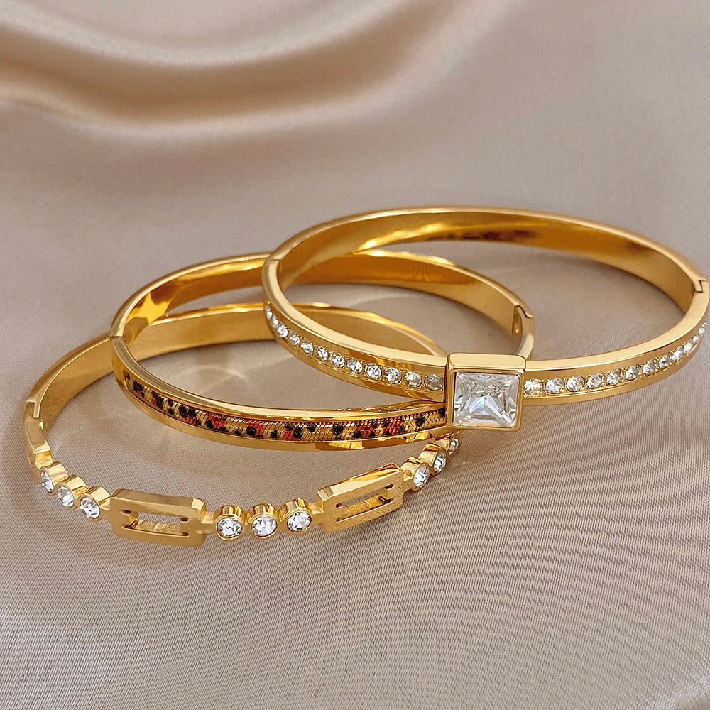 Trendy Gold Plated Stainless Steel Cuff Bangle Bracelets for Women Shiny Geometric Zircon Stackable Bracelet Waterproof Jewelry