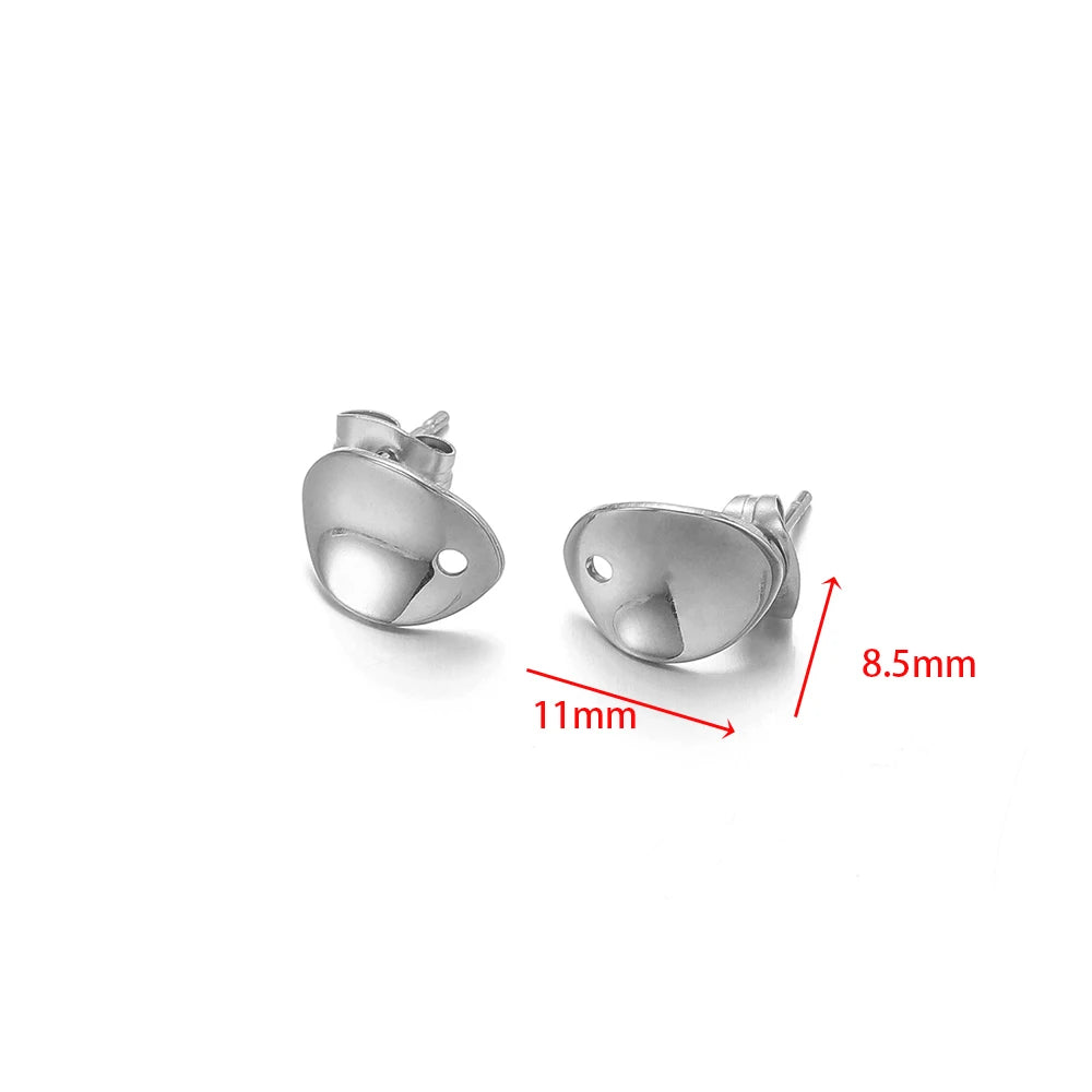 Silver half-round stud earring findings with size markings 8.5mm by 11mm