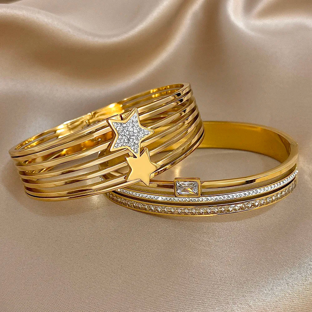 Rhinestone Star Layered Wristband Bangle Chunky Jewelry Gold Color Stainless Steel Cuff Bracelet for Women
