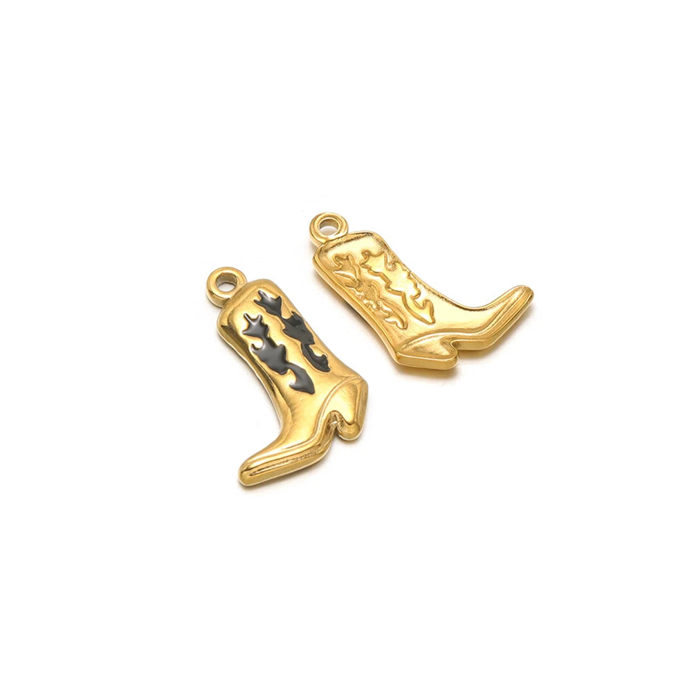Gold-tone boot charm pendant with black enamel, loop bail on top