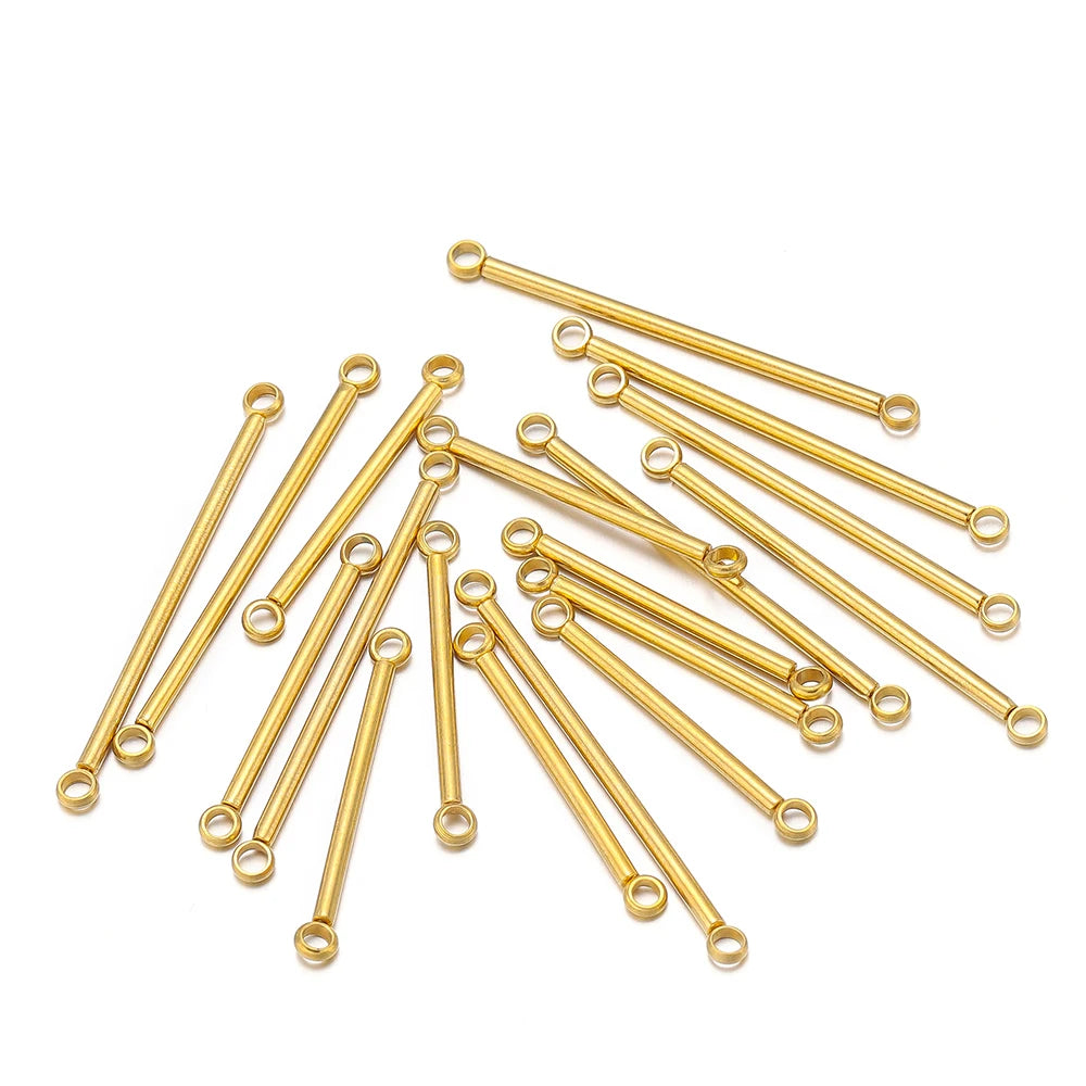 Gold stainless steel double-cylinder rod earring connectors, assorted lengths, loop eyelets