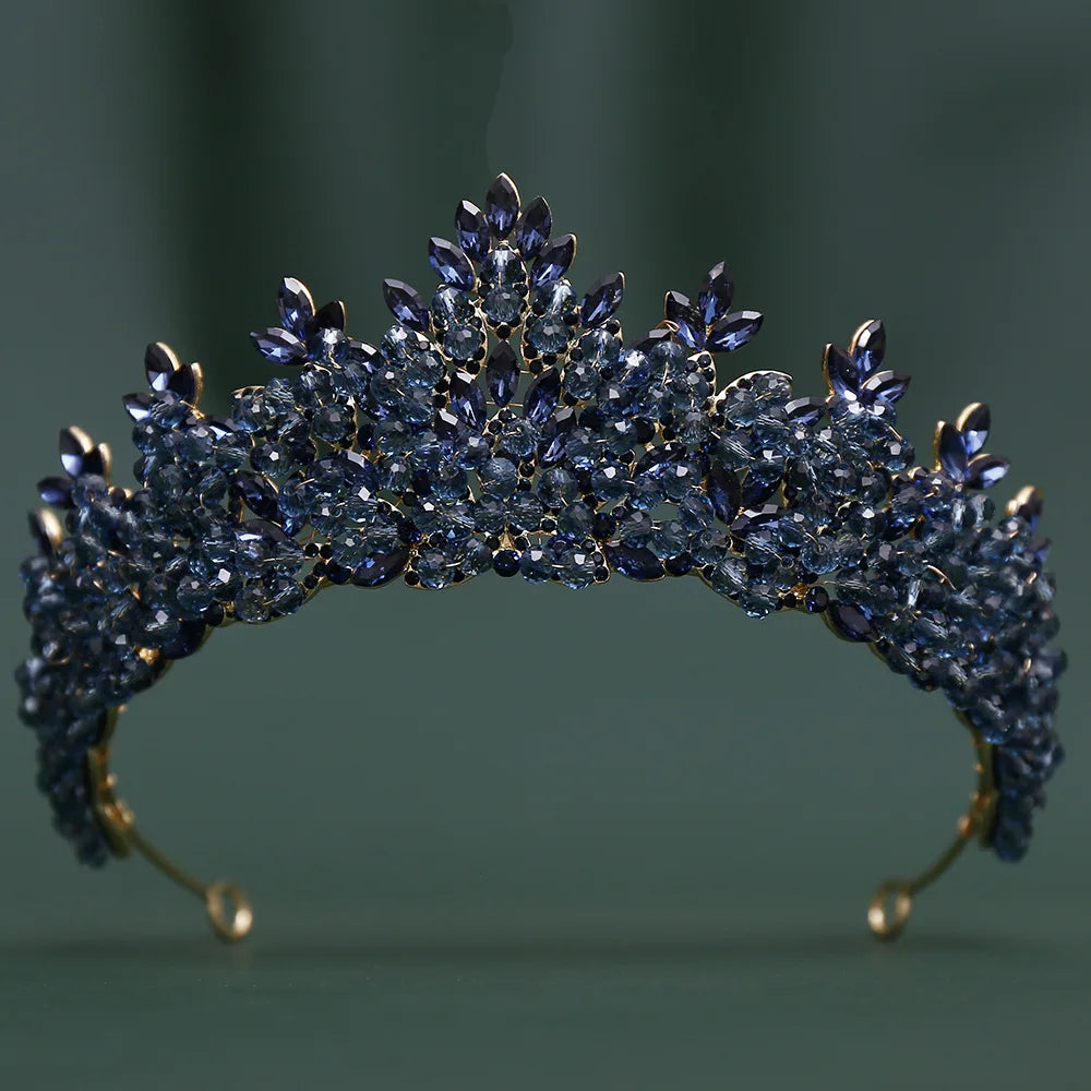 Deep navy blue crystal bridal tiara crown with scalloped floral center