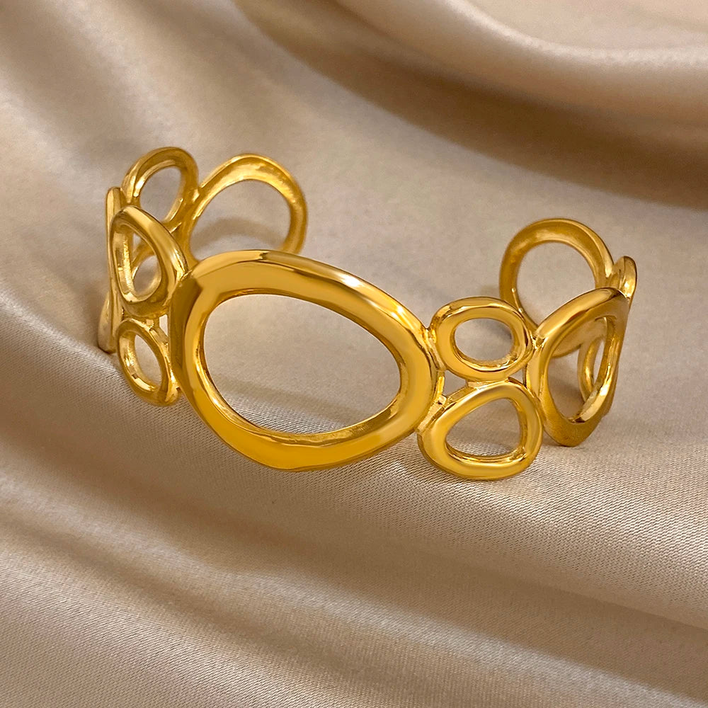 Irregular Geometric Hollow Circle Wide Bracelet Fashion Gold Plated Stainless Steel Cuff Bangle Bracelets Waterproof Jewelry