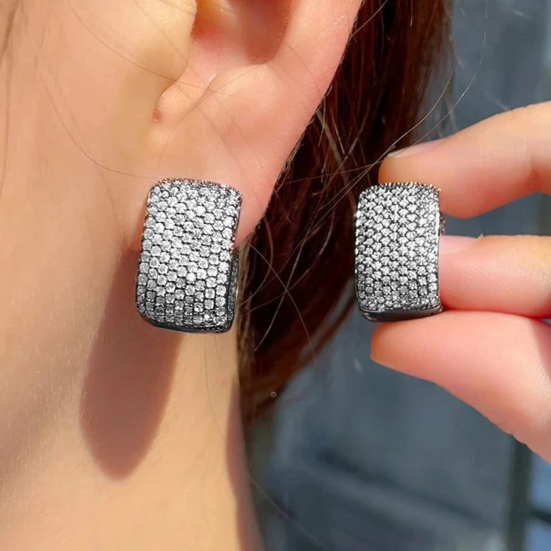 Square cubic zirconia hoop earrings in dark silver tone, full-stone square front