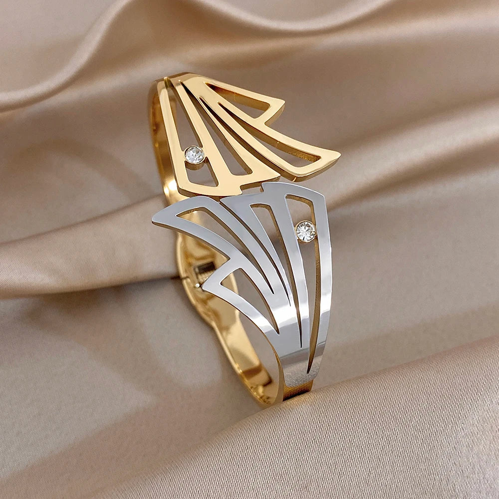 Irregular Gold Plated Stainless Steel Cuff Bangle for Women Exaggerated Geometric Zircon Wide Bracelets Waterproof Jewelry Set