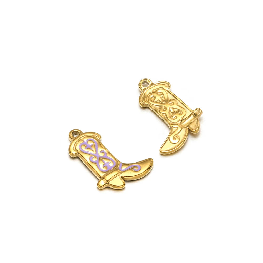 Gold-tone boot charm pendant with purple enamel, arched toe and loop bail