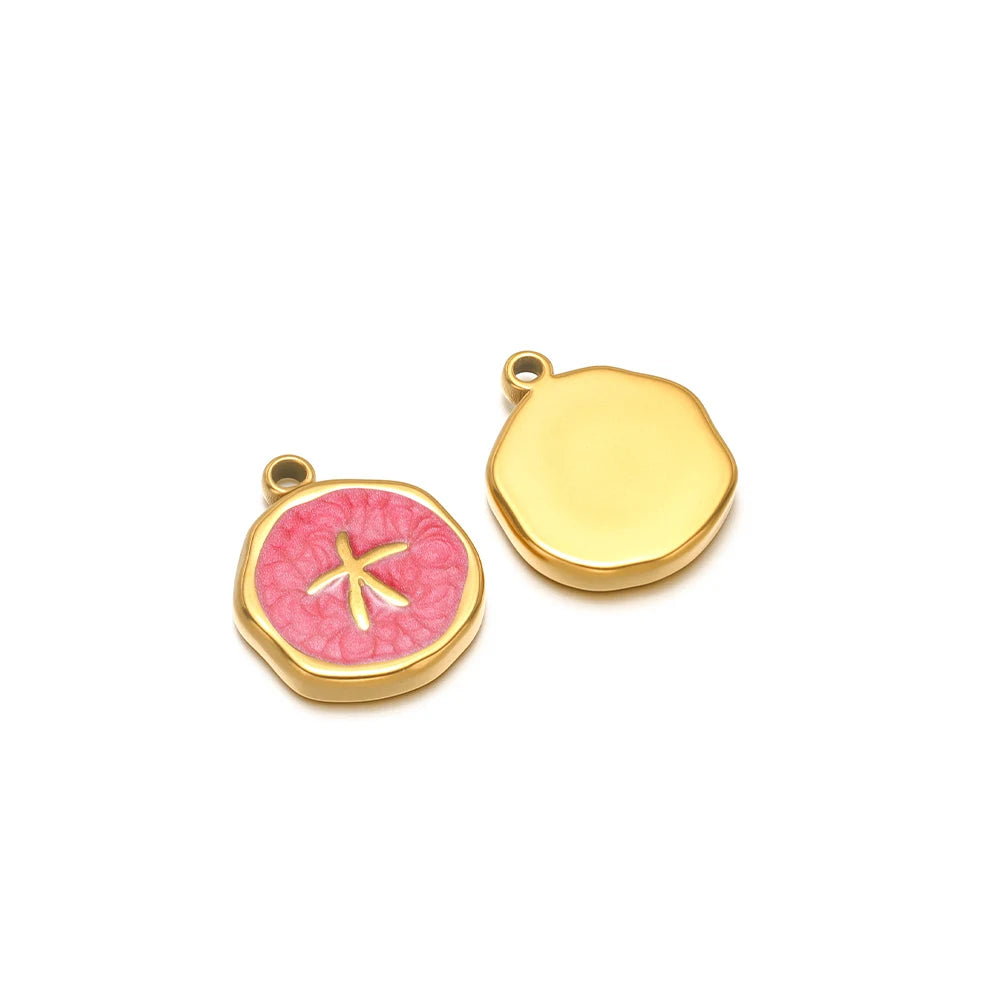 Enamel shell charms set: pink starfish motif charm and plain yellow round-face charm
