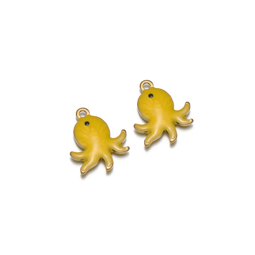 Yellow enamel octopus charms with gold-tone loops, two charms