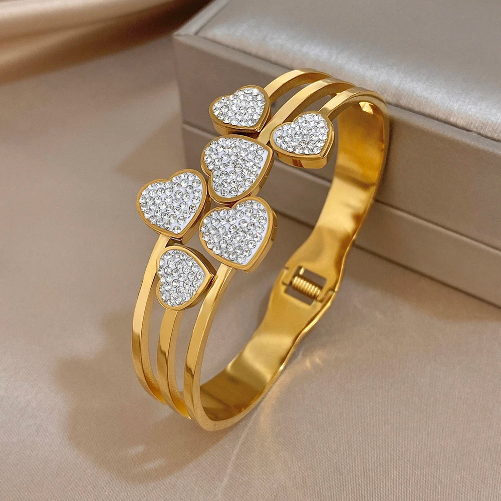 Irregular Zircon Heart Cuff Bangle Bracelets for Women Delicate Gold Plated Stainless Steel Chunky Bracelets Waterproof Jewelry