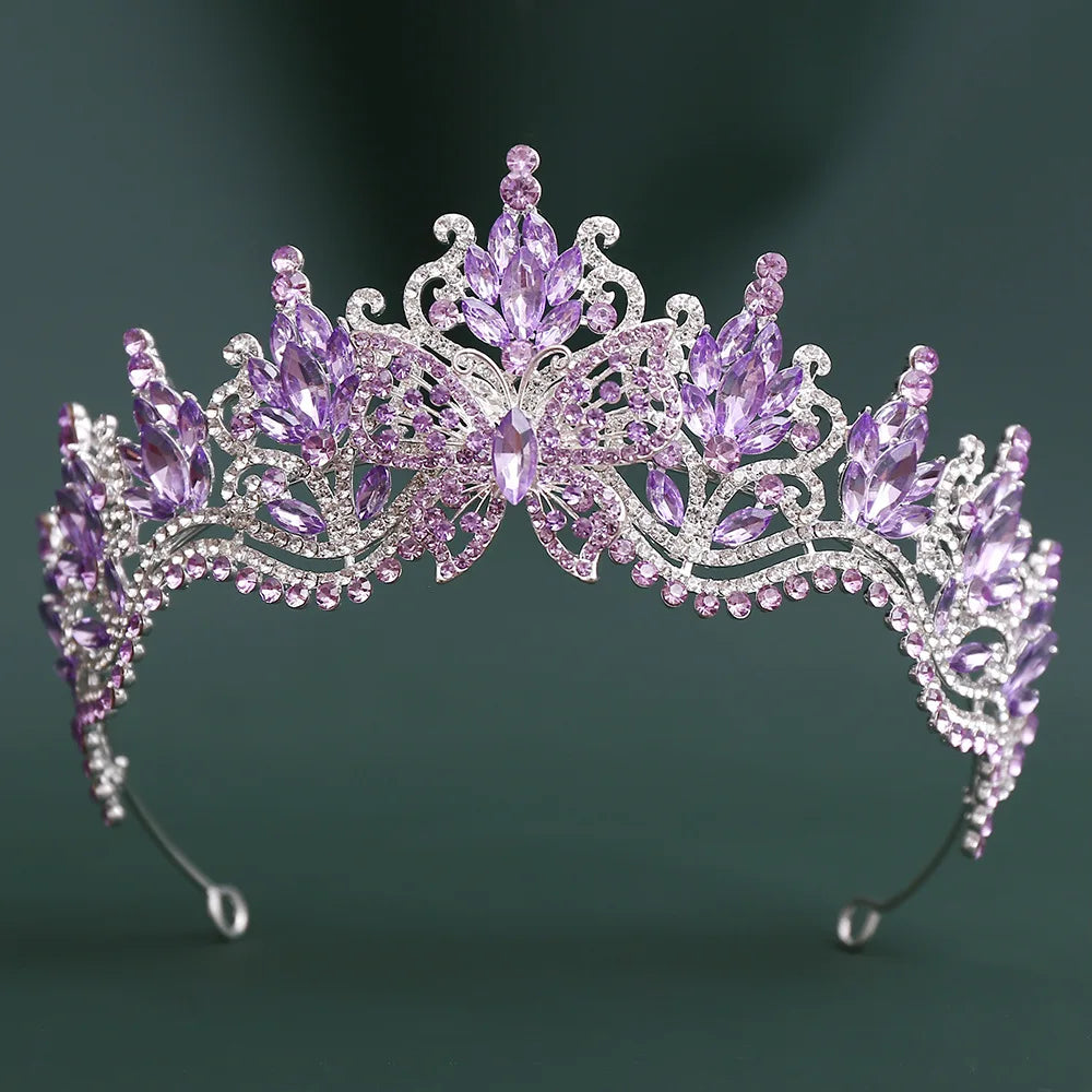Purple rhinestone butterfly tiara headband with ornate floral scrolls
