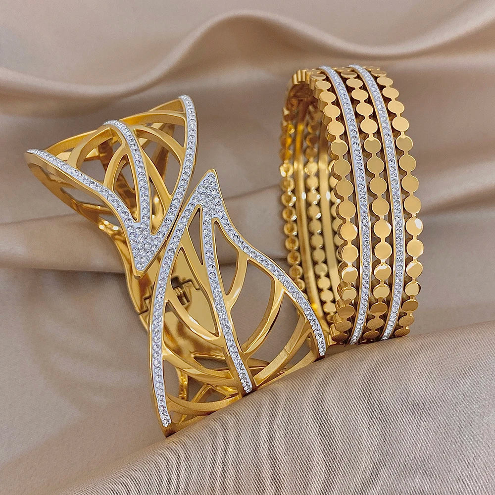 Exaggerated Geometric Zircon Leaf Cuff Bangle Exquisite Gold Plated Stainless Steel Chunky Bracelets Waterproof Jewelry Set
