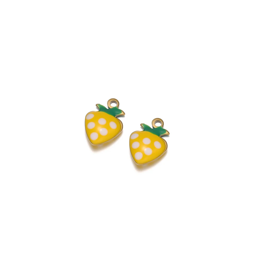 Yellow strawberry drop charms with white polka dots, green leaf tops, and gold-tone loops