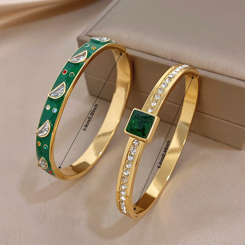 Delicate Green Enamel Stainless Steel Bangle for Women Glossy Colorful Zircon Stainless Steel Cuff Bracelets Waterproof Jewelry