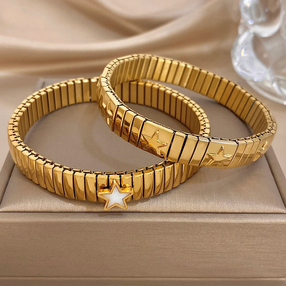 Fashion Star Textured Stainless Steel Bracelet for Women Men Adjustable Elastic Watchband Bangle Bracelets Waterproof Jewelry