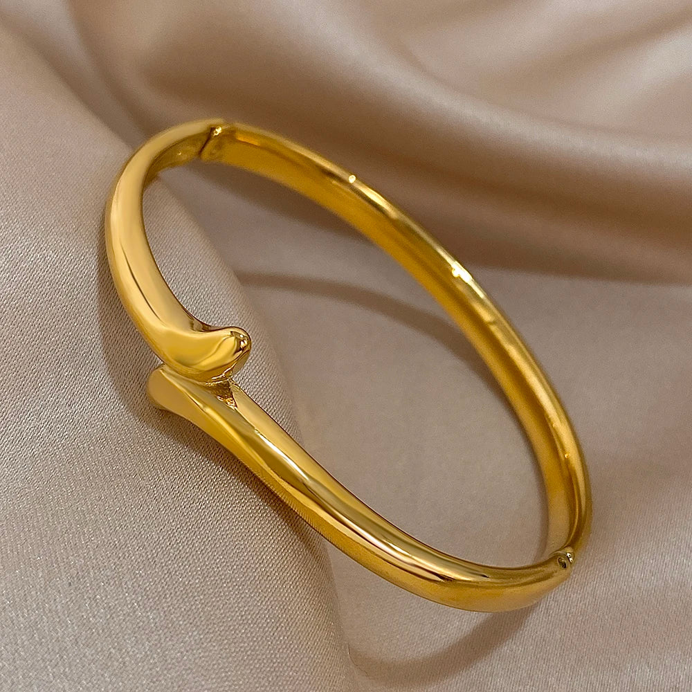 Minimalist Glossy Stainless Steel Cuff Bangle Bracelet for Women Fashion Gold Plated Smooth Bracelets Waterproof Jewelry