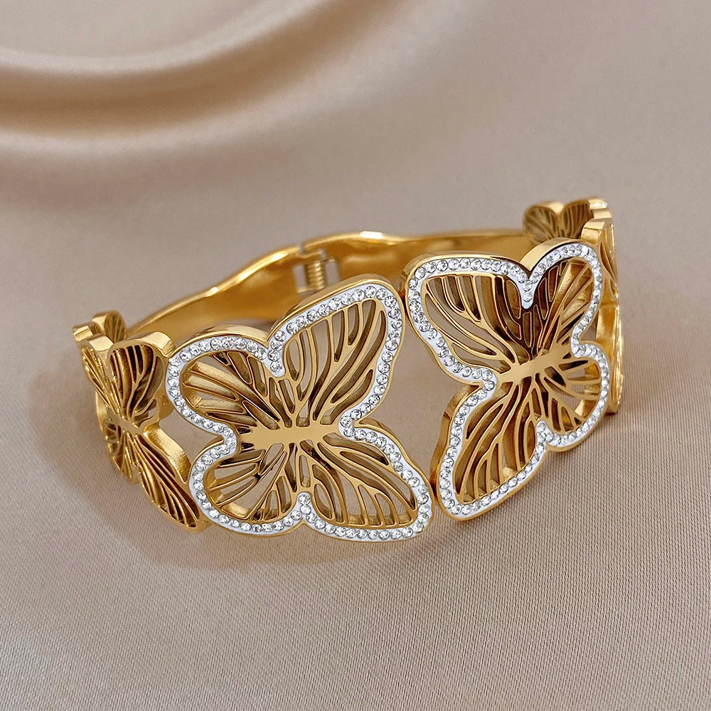 Gold-plated butterfly cuff bracelet with zircon trim