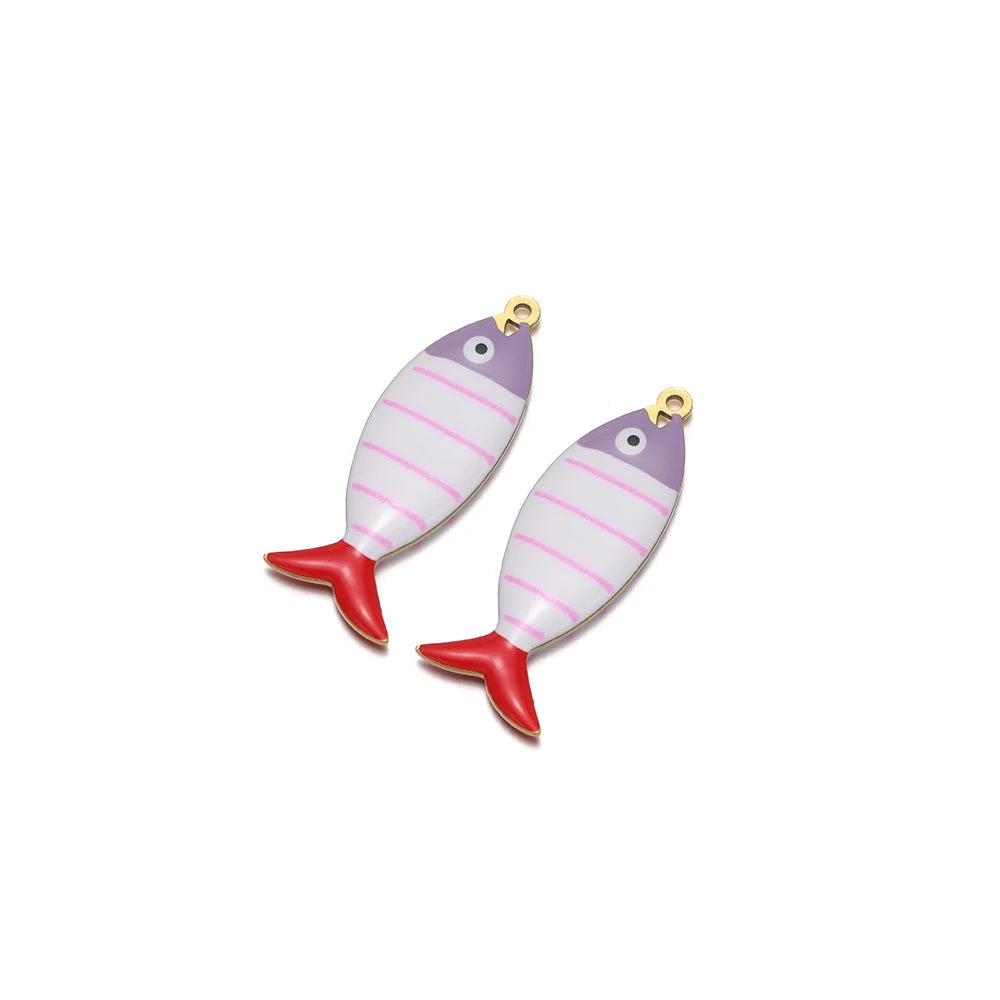 Two enamel striped fish pendants with gold loops, pink stripes and red tails