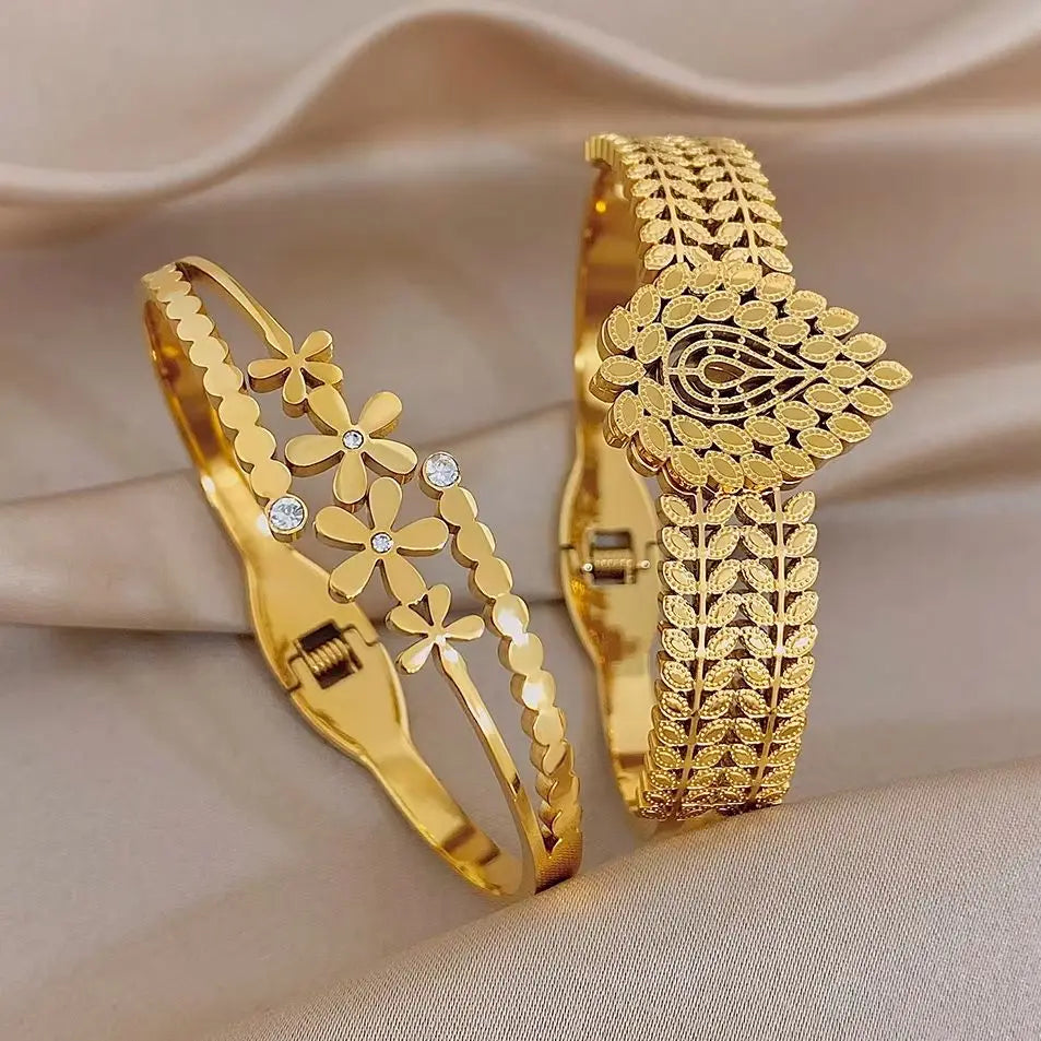 Chic Stainless Steel Gold Plated Cuff Bangle for Women Exaggerated Leaves Flower Chunky Bracelets Waterproof Jewelry Set