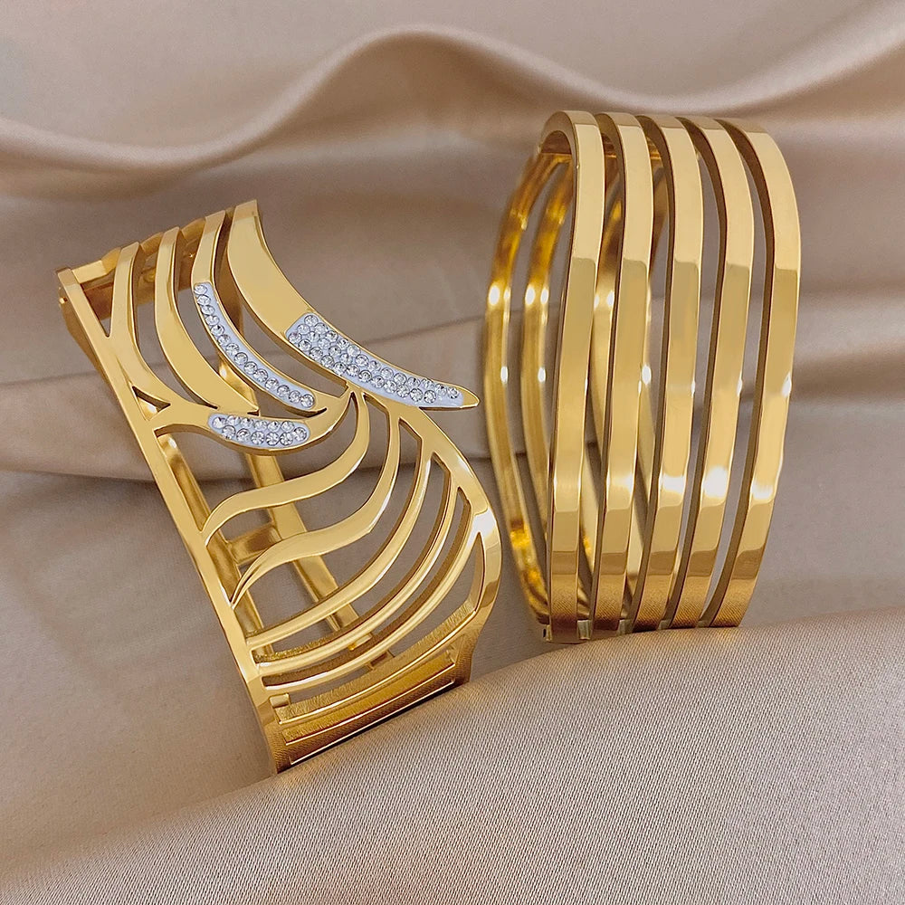 Irregular Geometric Zircon Wide Bracelets for Women Unique Design Gold Plated Stainless Steel Cuff Bangle Waterproof Jewelry Set