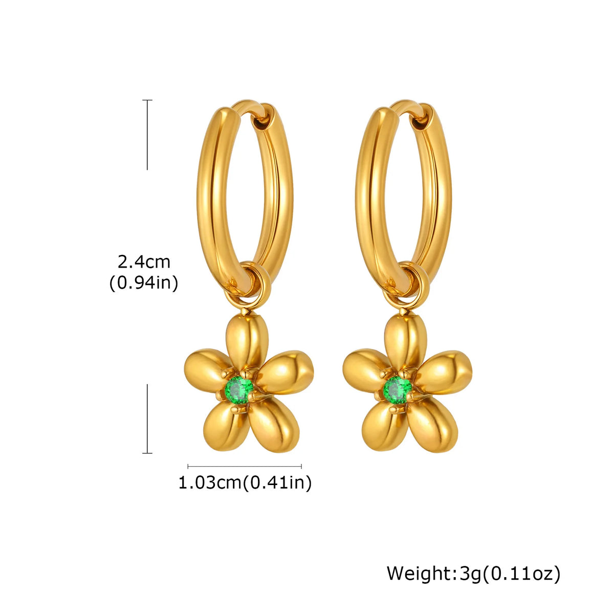 Gold flower charm hoop earrings with green stone centers and size measurements.