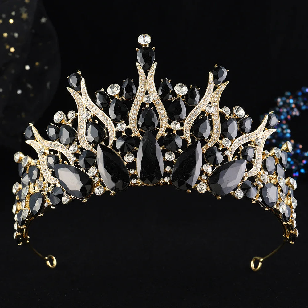 Rhinestone tiara headpiece with dark black crystals and gold-tone ornate crown frame
