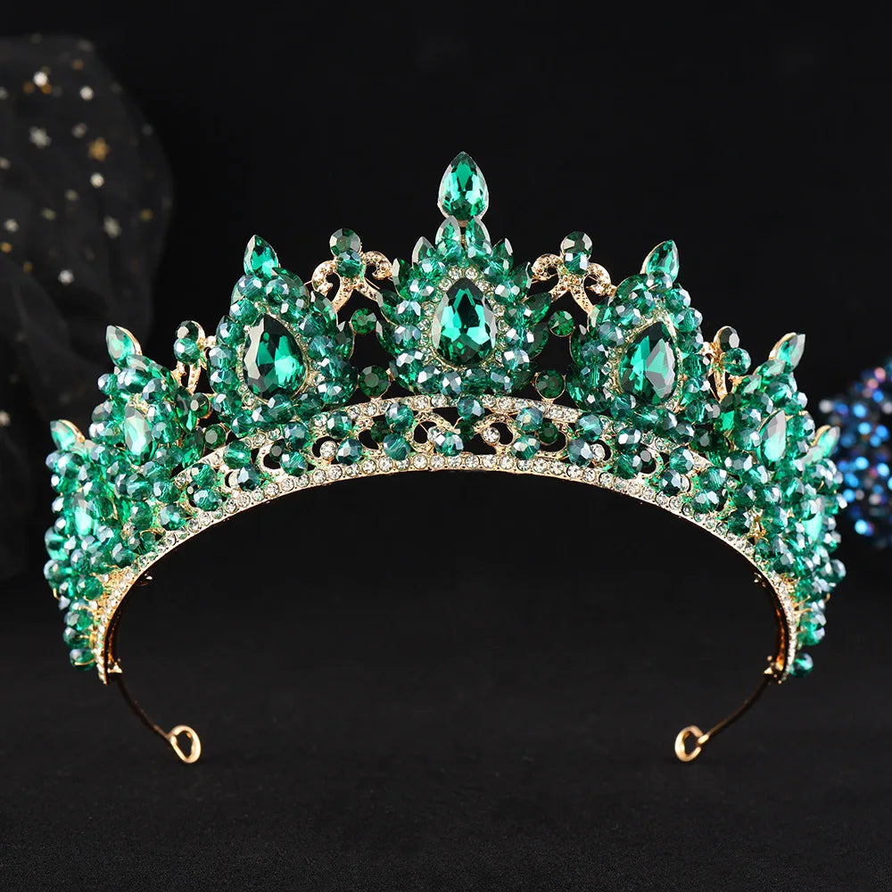 Emerald green crystal tiara with faceted teardrop gems and rhinestone crown band