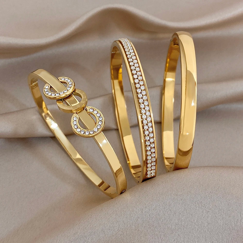 Glossy Gold Plated Stainless Steel Cuff Bangle for Women Trendy Micro Inlaid Zircon Stackable Bracelets Waterproof Jewelry