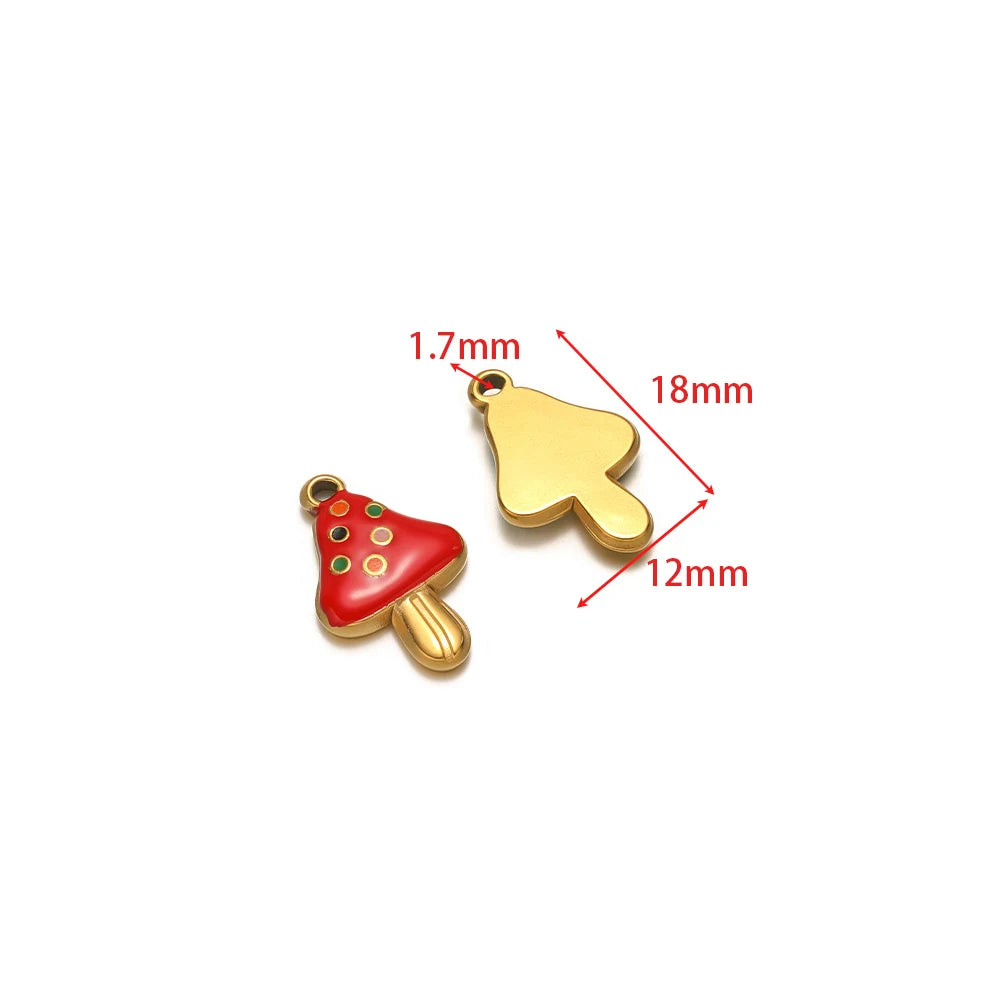 Red dotted mushroom charm and yellow mushroom charm with enamel and gold loop