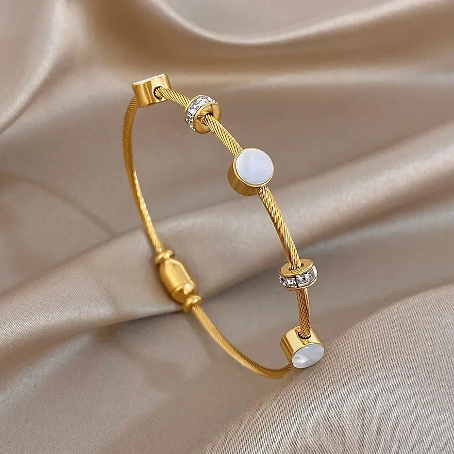 Chic Shell Rhinestone Twisted Stacked Bracelets for Women Elegant Gold Plated Stainless Steel Cuff Bangle Waterproof Jewelry