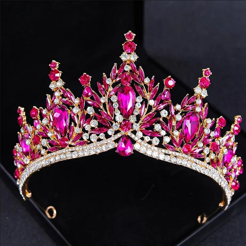 Pink crystal teardrop tiara crown with jeweled center and rhinestone headband