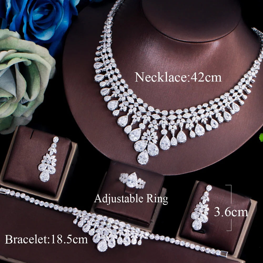 Jewelry set with rhinestone necklace, earrings, bracelet, and adjustable ring