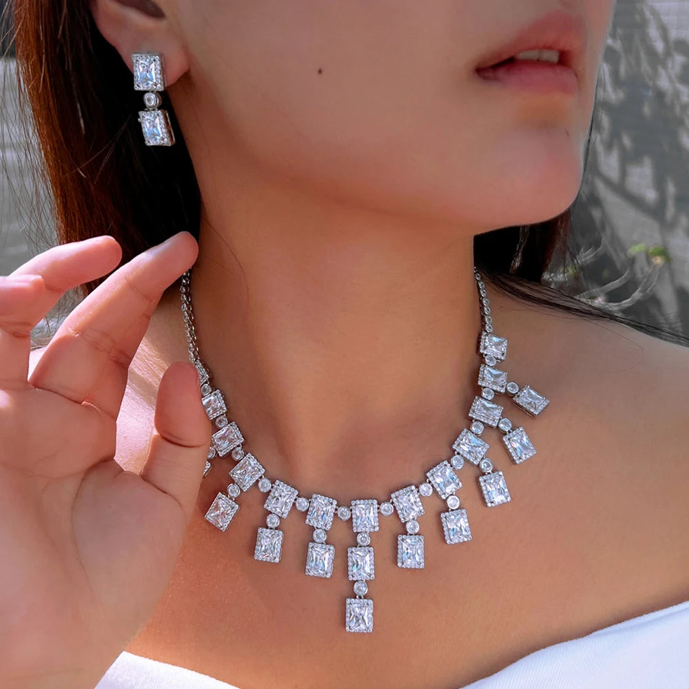 Square CZ crystal necklace with dangling tassel earrings, silver-tone
