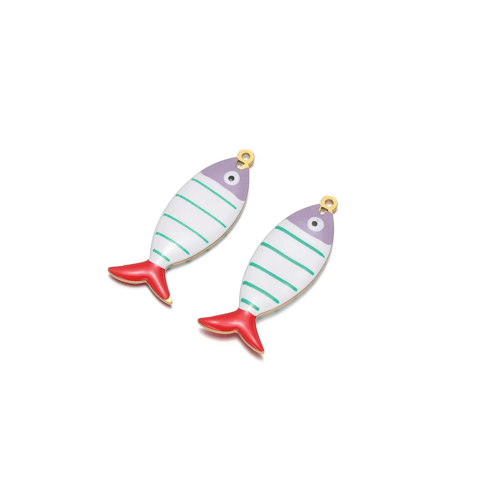 Enamel striped fish pendant charm, white body with green stripes, gold loop and red tail