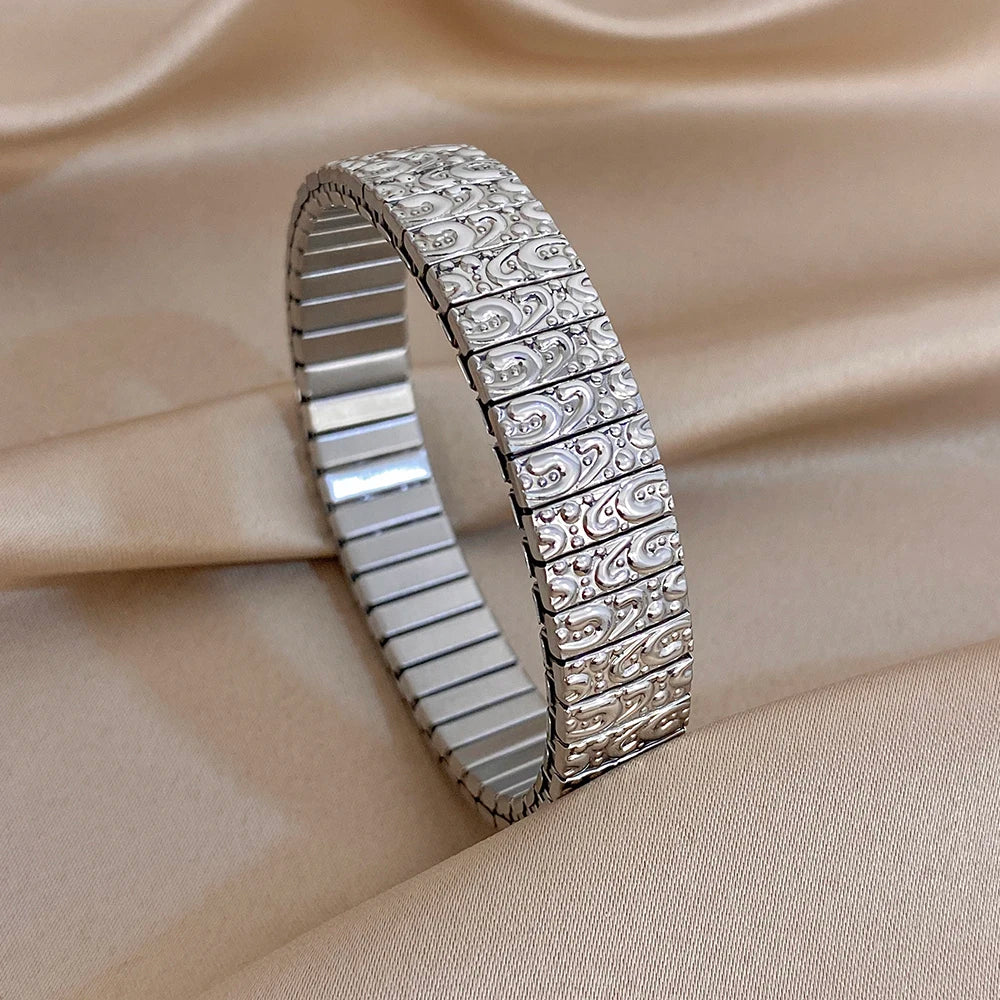 Irregular Geometric Textured Wide Bangle Bracelets Vintage Chunky Stainless Steel Elastic Watchband Bracelet Waterproof Jewelry