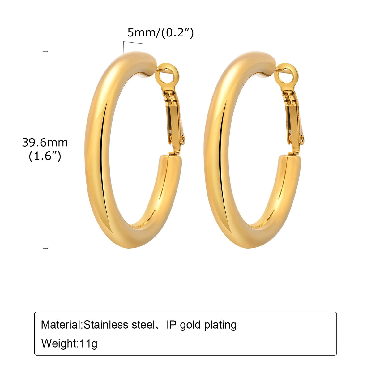 Gold-tone chunky hoop earrings, 39.6 mm tall and 5 mm wide, with hinged clasps