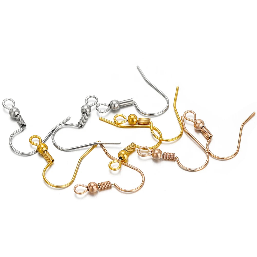 Assorted spring earring hooks with round bead clasp in silver, gold, and rose gold