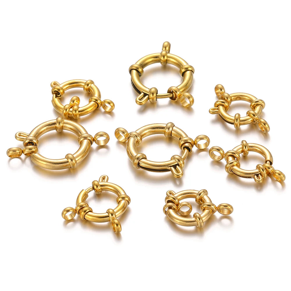 Set of gold round spring clasp hooks with hinged safety loops for DIY jewelry