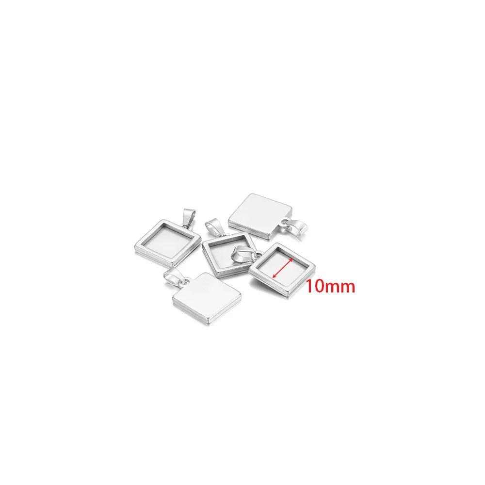 Silver square pendant cabochon base setting tray charms, 10mm size (5-pack)