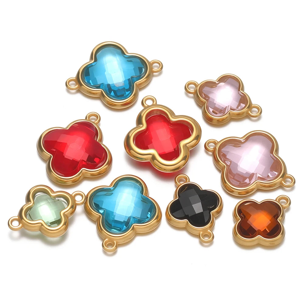 Set of clover glass pendant charms with colorful stones and gold-tone frames
