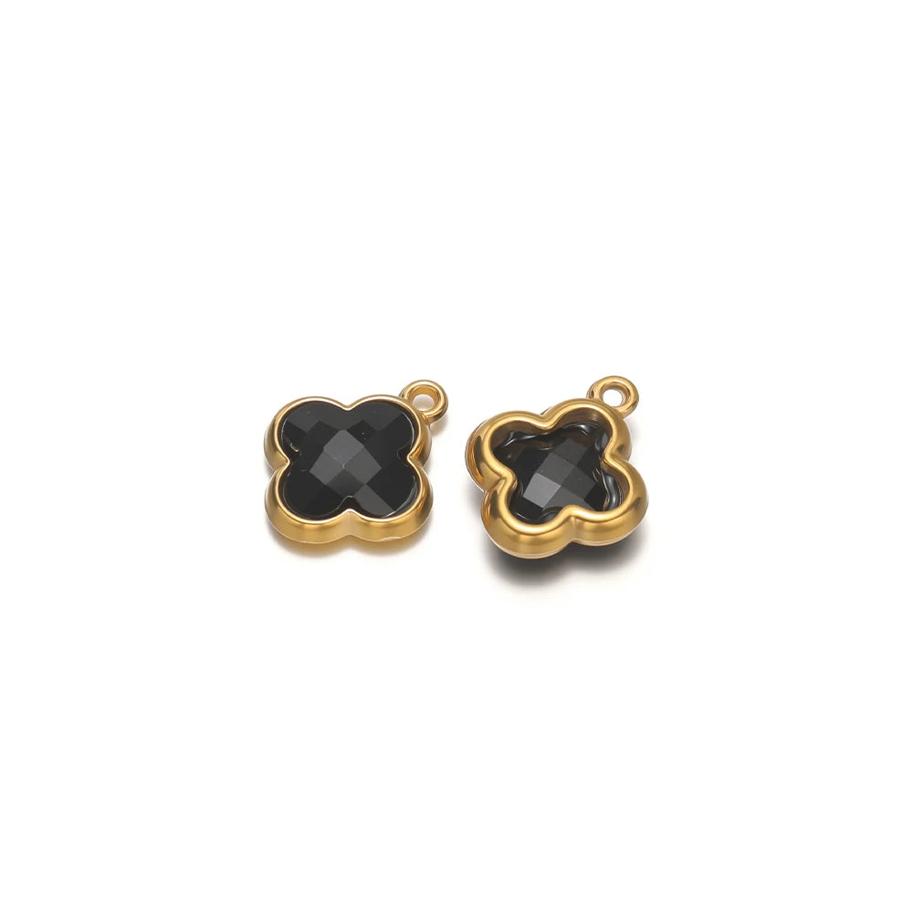 Four-leaf clover glass charm pendant in black with gold-tone loops, for DIY jewelry