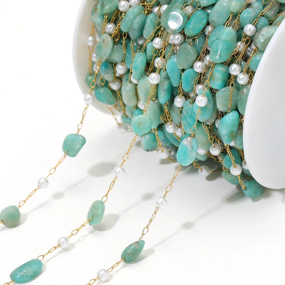 Irregular turquoise stone bead chain with white pearl drops and gold-link connectors