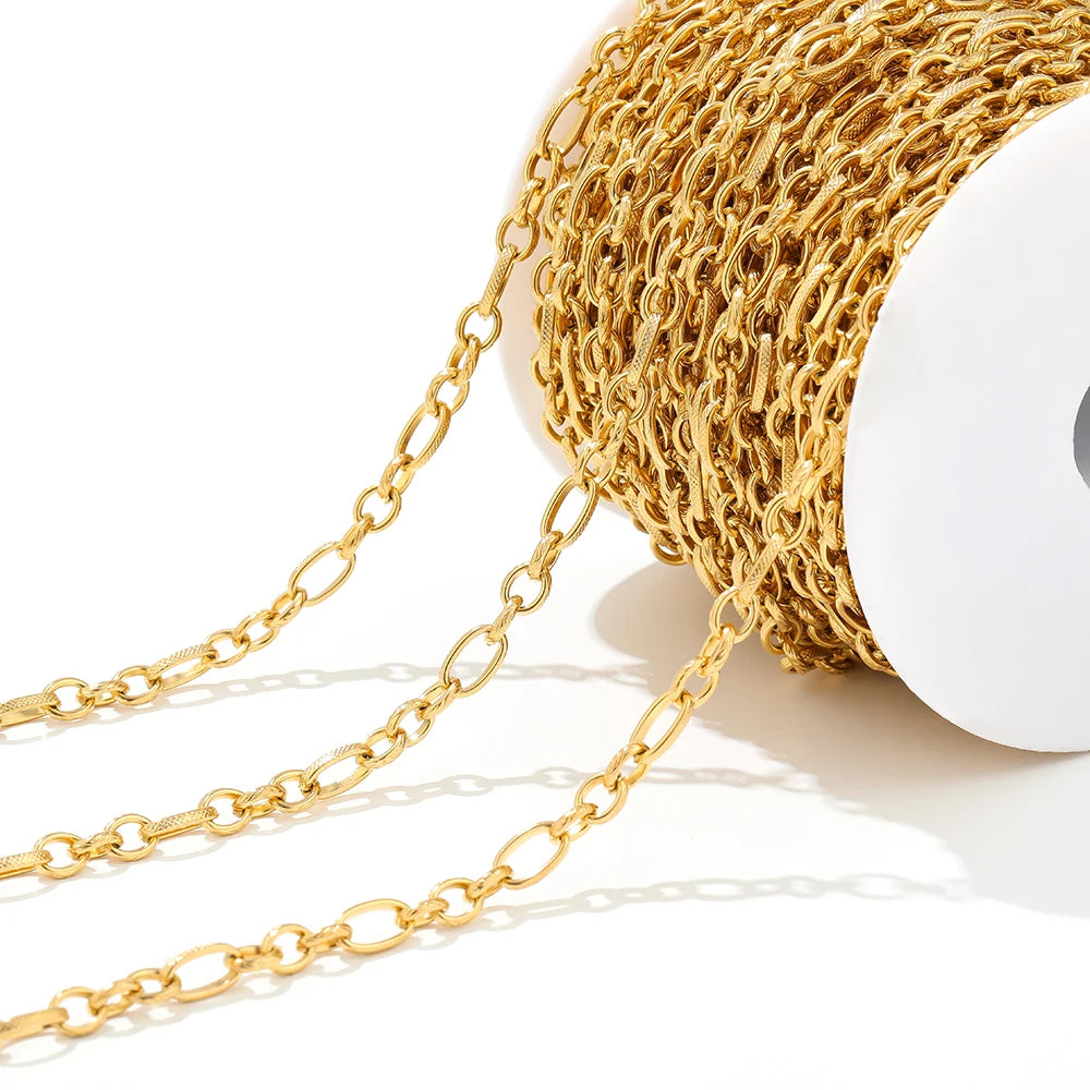 Gold flat link chain roll on white spool, embossed oval links