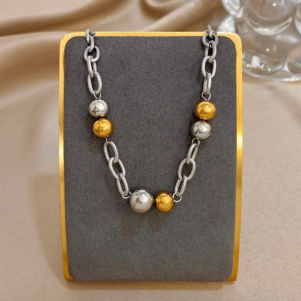 Chubby Two Tone Round Beads Bracelet for Women Fashion Gold Plated Stainless Steel Chain Bracelets Waterproof Jewelry