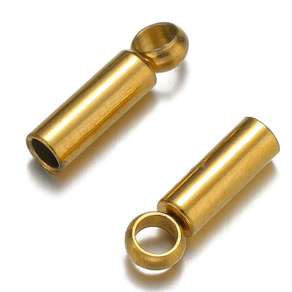 Gold crimp end caps with ring eyelets, two-piece close-up